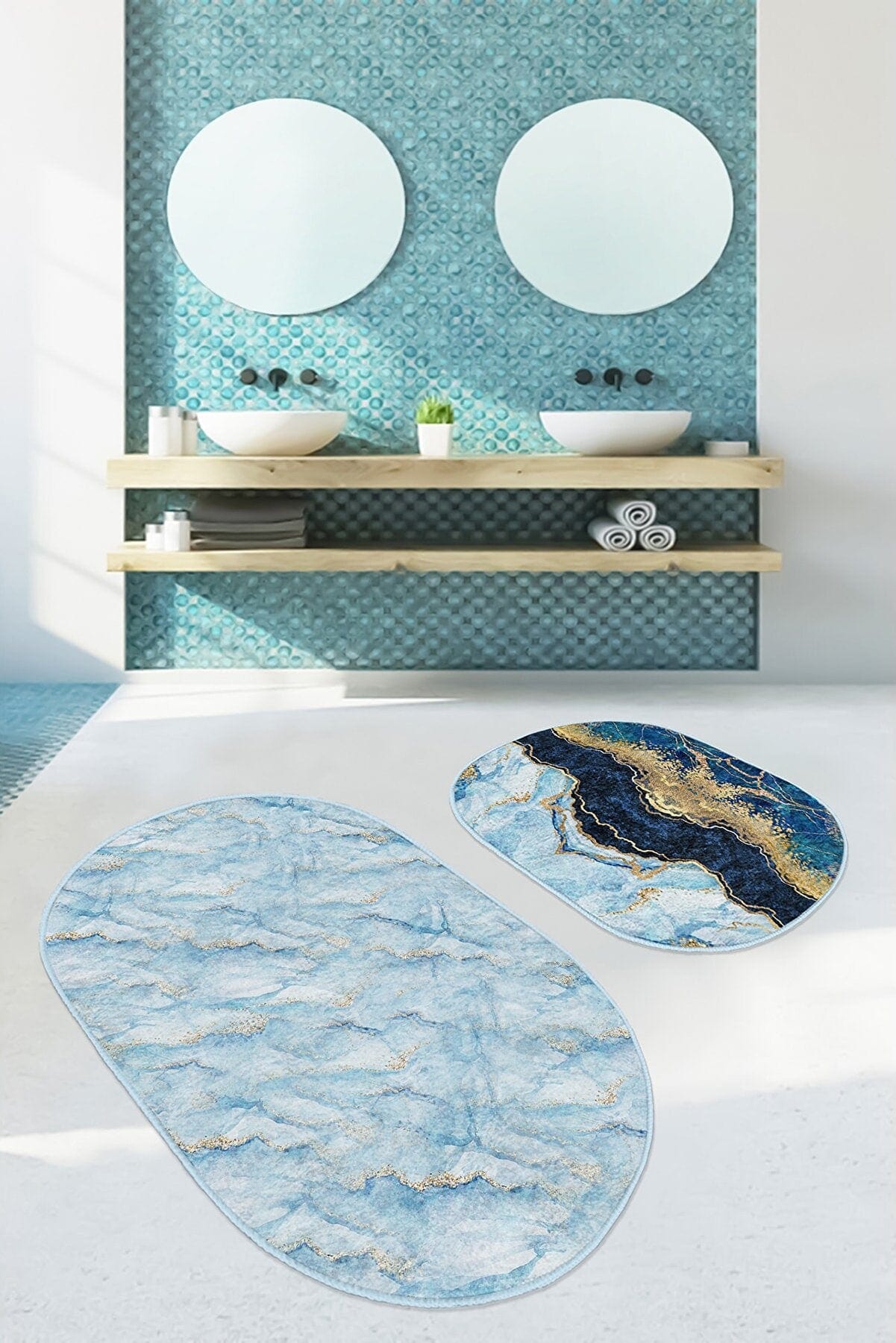 Set di 2 Tappetini da bagno antiscivolo Onur BPS541 Oval Multicolore, 100 x 60 cm / 60 x 50 cm