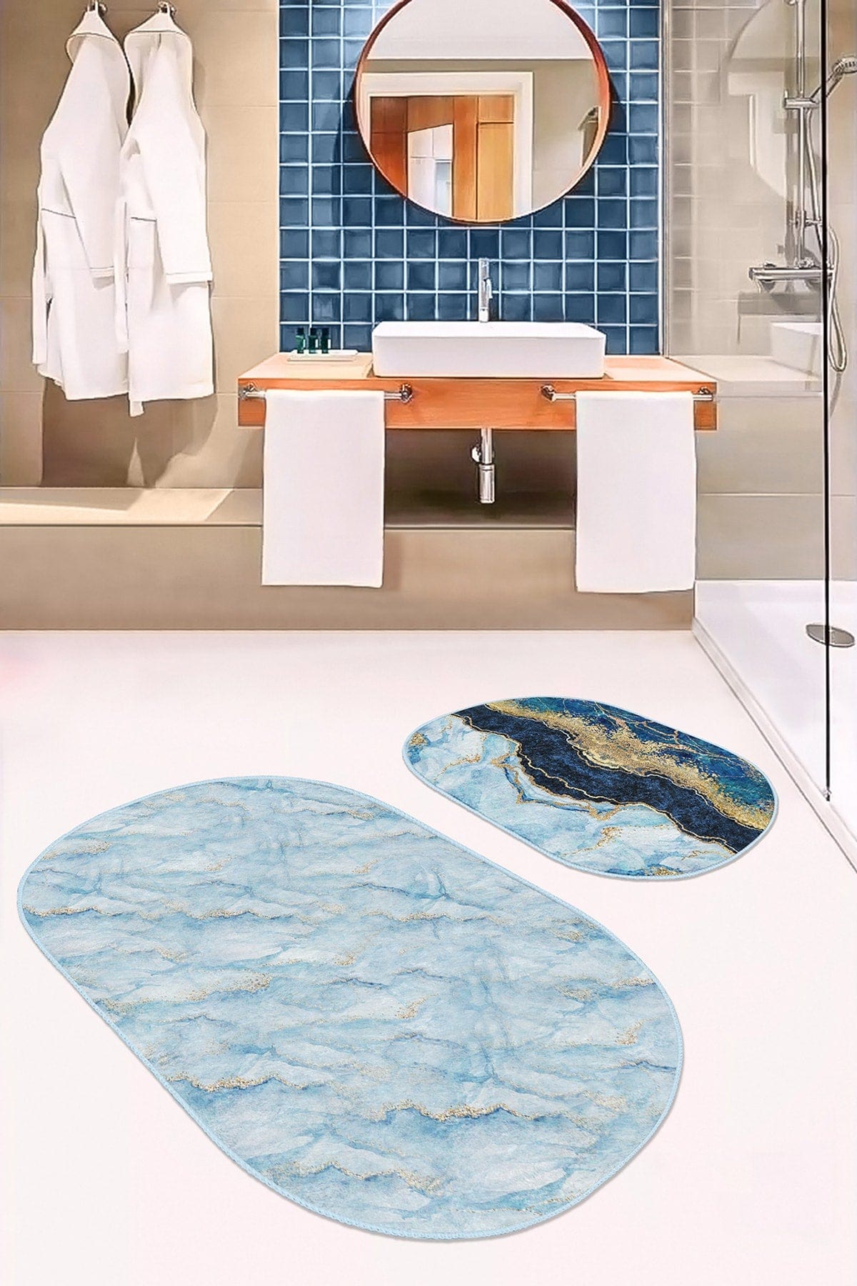 Set di 2 Tappetini da bagno antiscivolo Onur BPS541 Oval Multicolore, 100 x 60 cm / 60 x 50 cm (1)