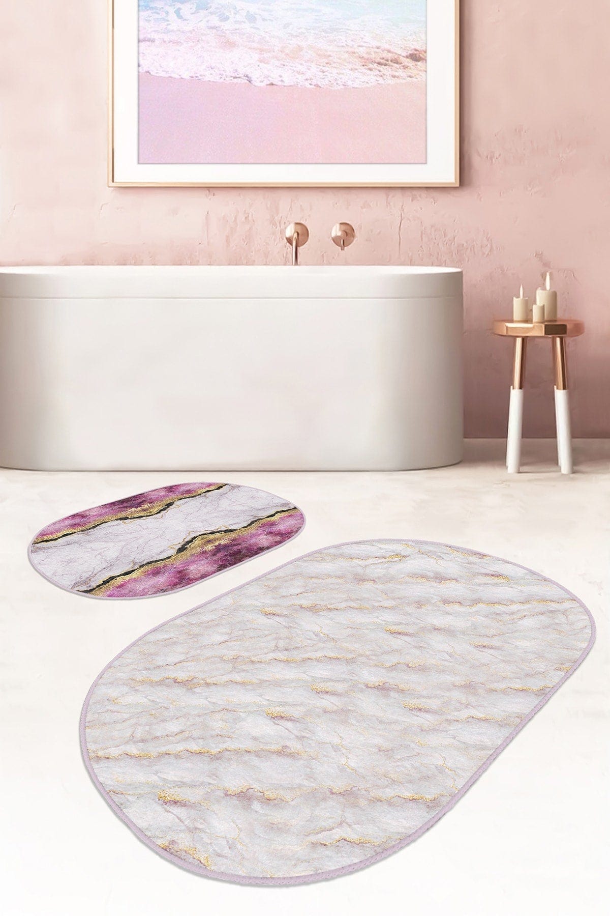 Set di 2 Tappetini da bagno antiscivolo Onur BPS542 Oval Multicolore, 100 x 60 cm / 60 x 50 cm