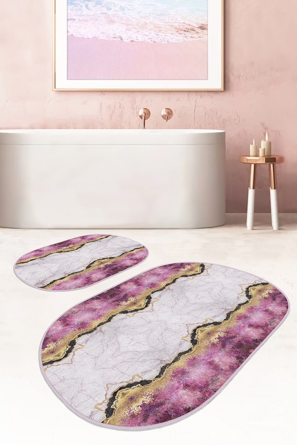 Set di 2 Tappetini da bagno antiscivolo Onur BPS543 Oval Multicolore, 100 x 60 cm / 60 x 50 cm (1)