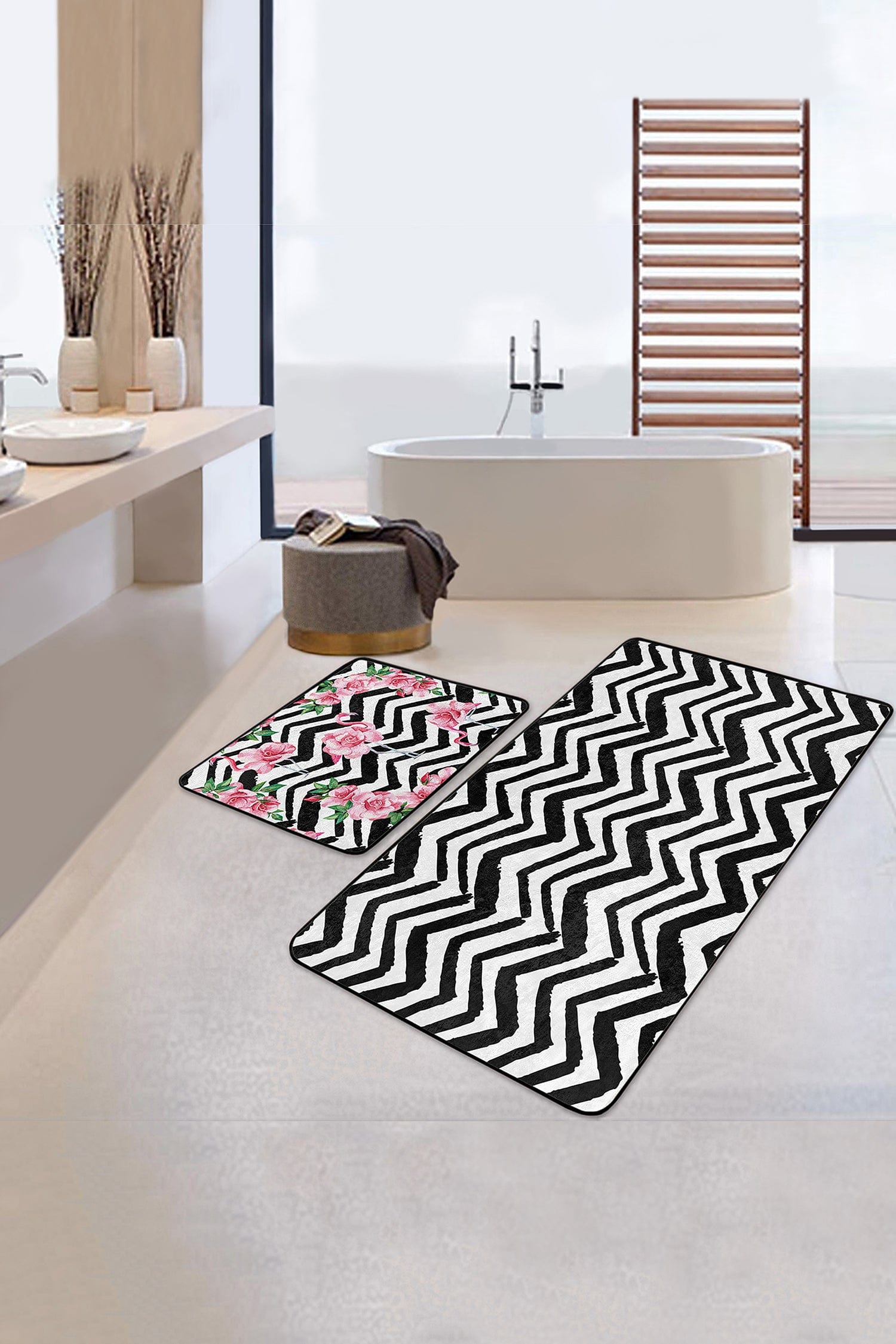 Set di 2 Tappetini da bagno antiscivolo Reyan BPS23 Rectangle Multicolore, 100 x 60 cm / 60 x 50 cm (1)