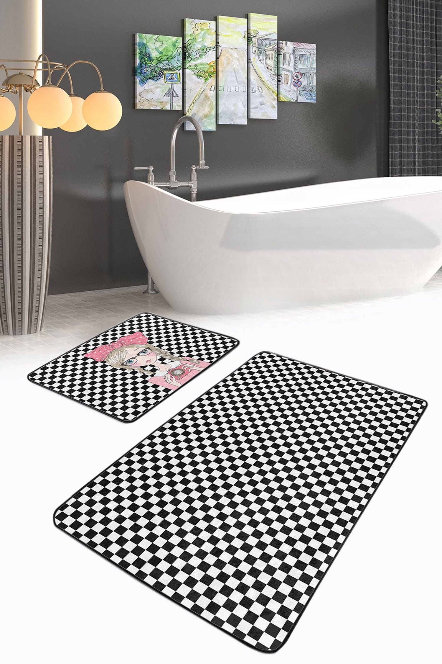 Set di 2 Tappetini da bagno antiscivolo Reyan BPS36 Rectangle Multicolore, 100 x 60 cm / 60 x 50 cm (1)