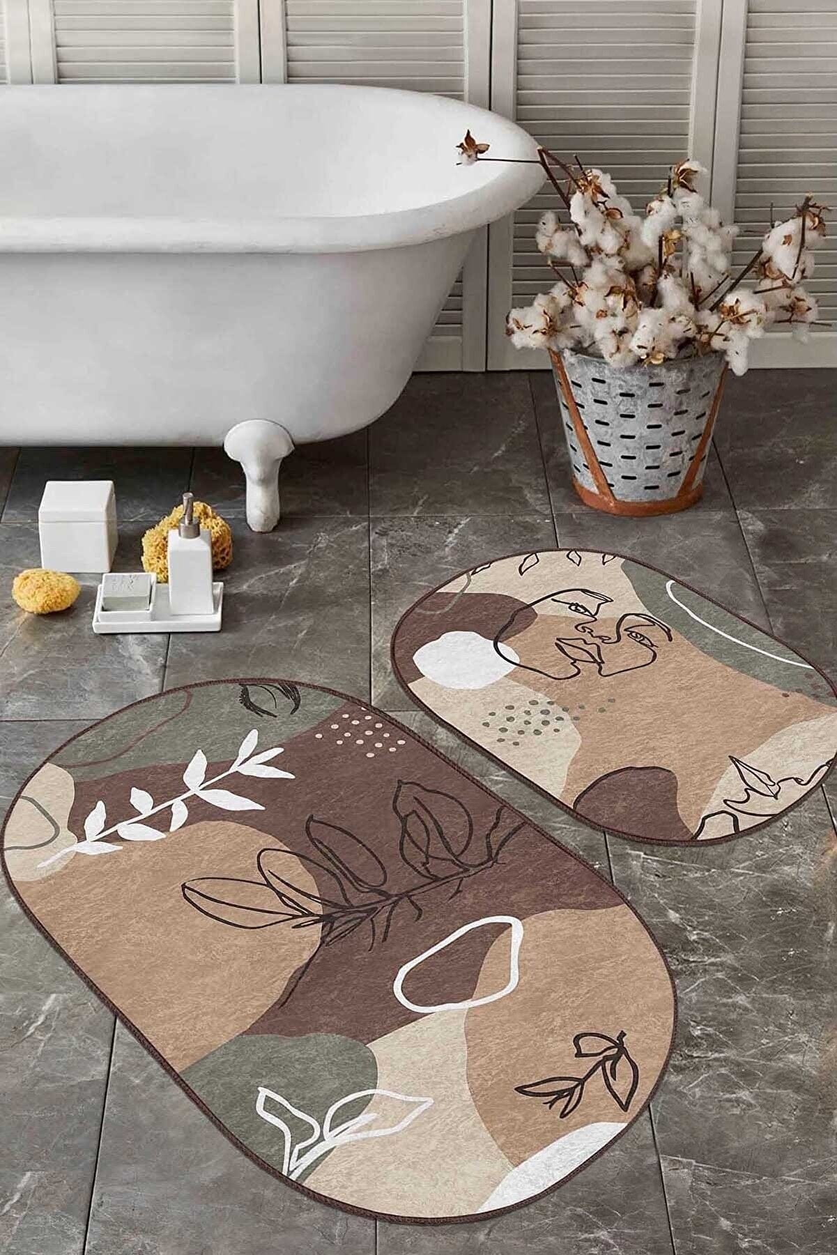 Set di 2 Tappetini da bagno antiscivolo Seyran BPS539 Oval Multicolore, 100 x 60 cm / 60 x 50 cm