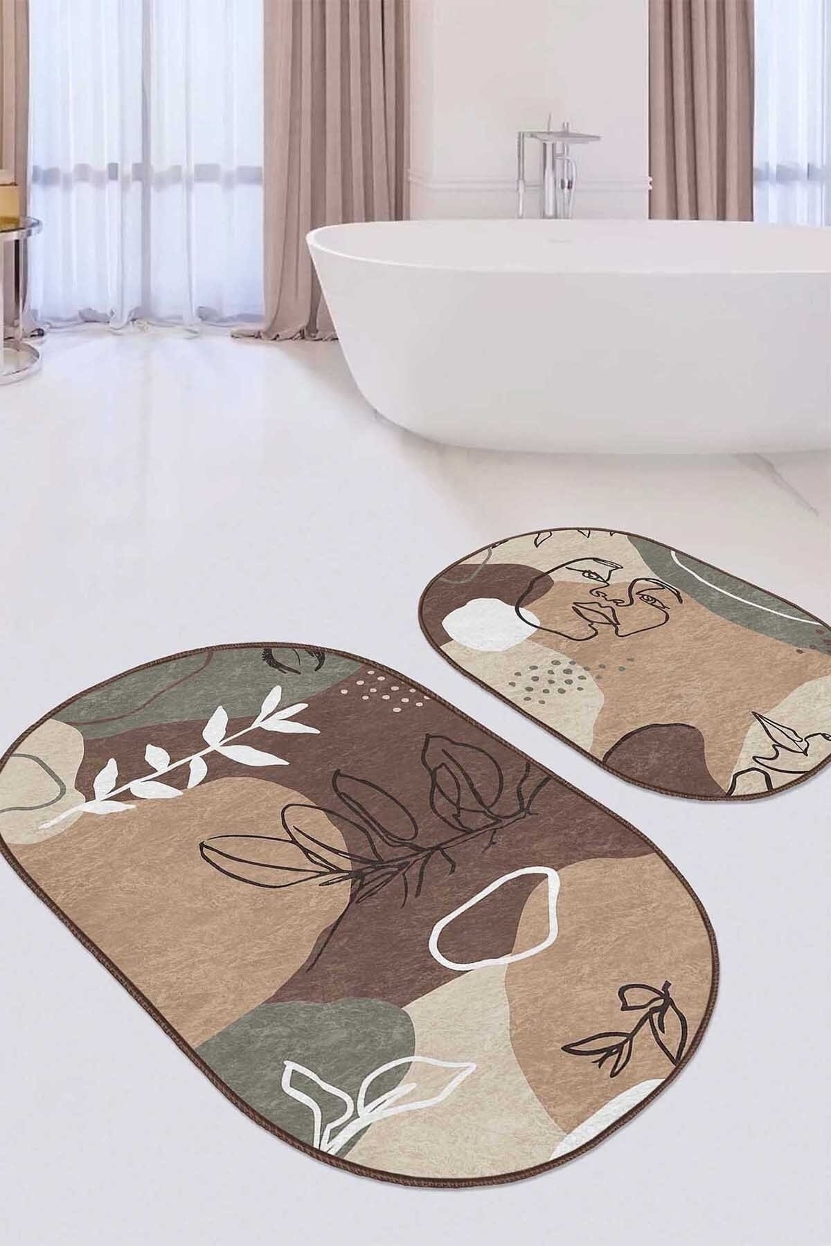 Set di 2 Tappetini da bagno antiscivolo Seyran BPS539 Oval Multicolore, 100 x 60 cm / 60 x 50 cm (2)
