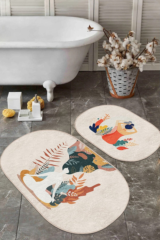 Set di 2 Tappetini da bagno antiscivolo Seyran BPS609 Oval Multicolore, 100 x 60 cm / 60 x 50 cm