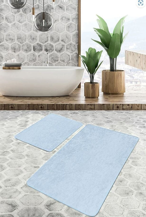 Set di 2 Tappetini da bagno antiscivolo Seyran BPS624 Rectangle Bleu 100 x 60 cm / 60 x 50 cm Blu, 100 x 60 cm / 60 x 50 cm (1)