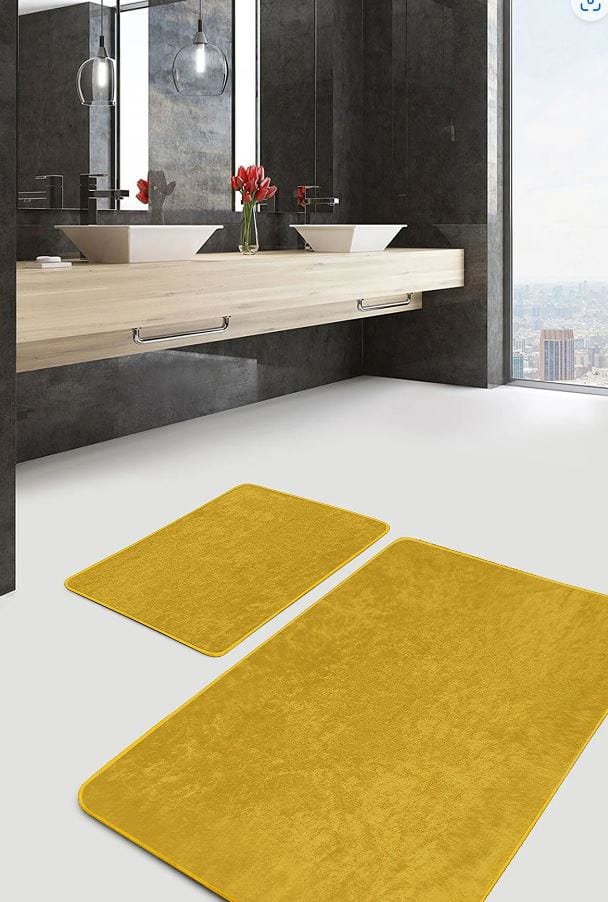 Set di 2 Tappetini da bagno antiscivolo Seyran BPS625 Rectangle Mustariu 100 x 60 cm / 60 x 50 cm Giallo, 100 x 60 cm / 60 x 50 cm