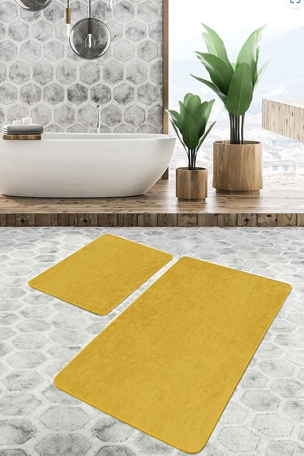 Set di 2 Tappetini da bagno antiscivolo Seyran BPS625 Rectangle Mustariu 100 x 60 cm / 60 x 50 cm Giallo, 100 x 60 cm / 60 x 50 cm (3)
