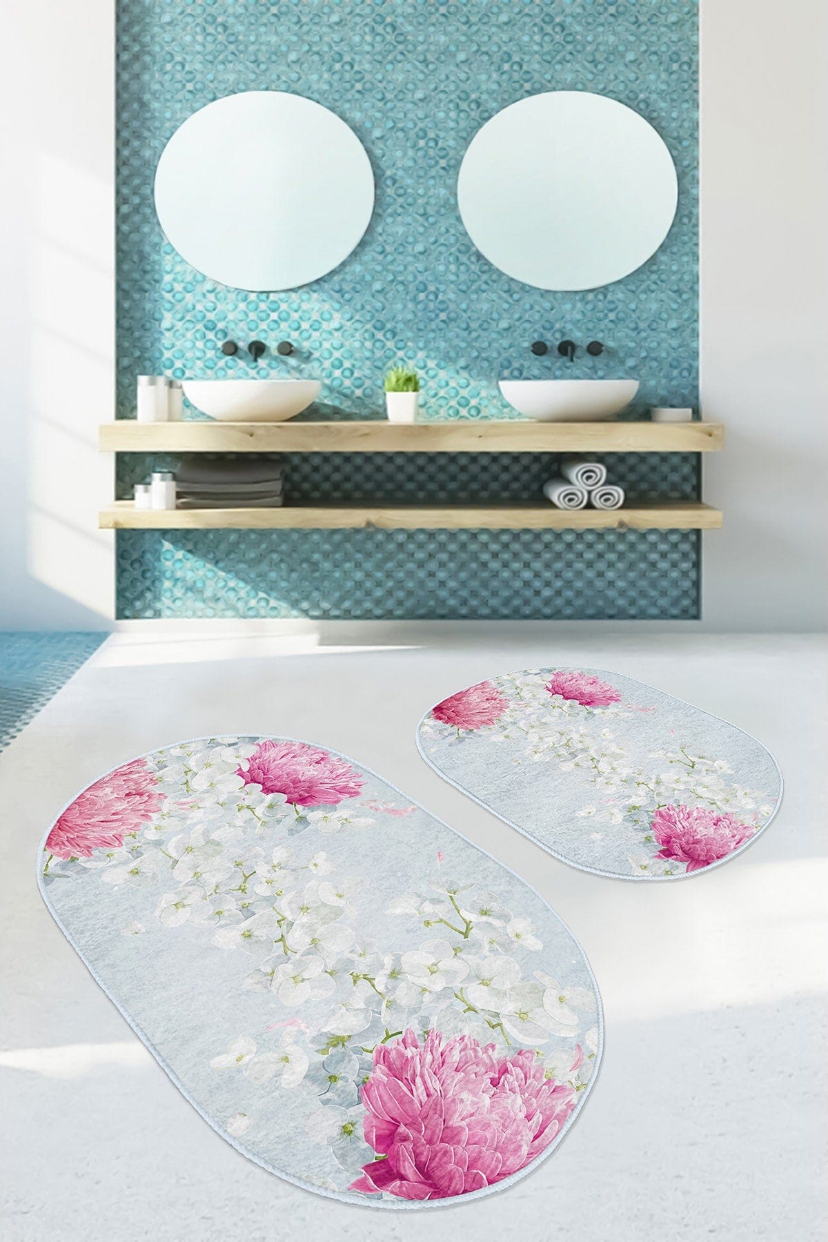 Set di 2 Tappetini da bagno antiscivolo Suet BPS576 Oval Multicolore, 100 x 60 cm / 60 x 50 cm (2)
