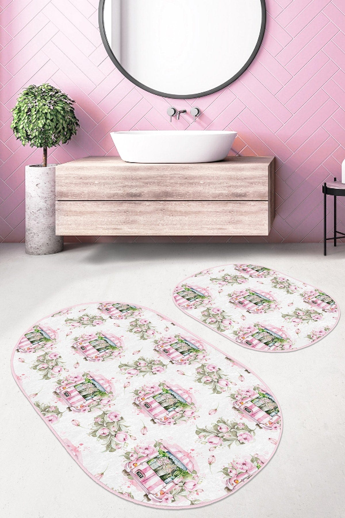 Set di 2 Tappetini da bagno antiscivolo Suet BPS585 Oval Multicolore, 100 x 60 cm / 60 x 50 cm