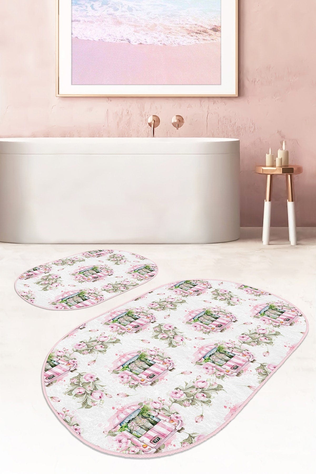 Set di 2 Tappetini da bagno antiscivolo Suet BPS585 Oval Multicolore, 100 x 60 cm / 60 x 50 cm (1)