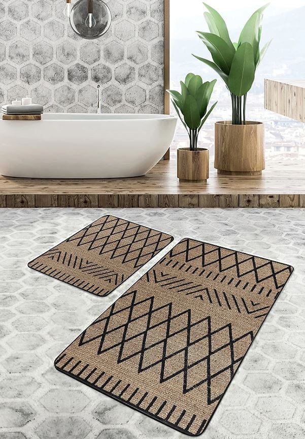 Hillkar Global Set di 2 Tappetini da bagno antiscivolo Suna BPS630 Rectangle Multicolore, 100 x 60 cm / 60 x 50 cm
