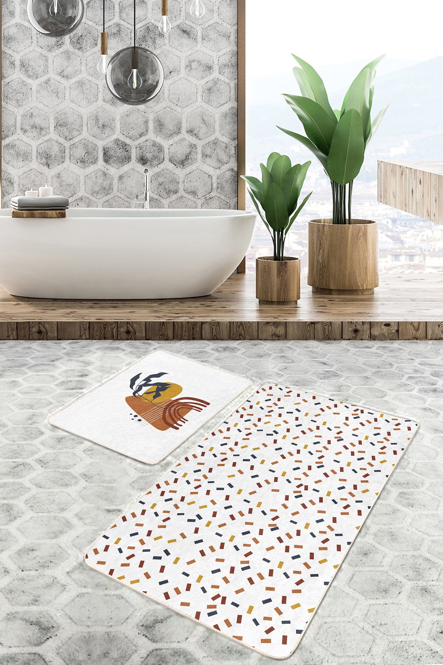 Set di 2 Tappetini da bagno antiscivolo Umay BPS484 Multicolore, 100 x 60 cm / 60 x 50 cm