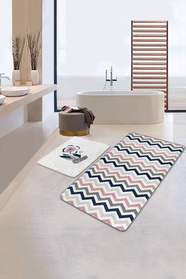 Set di 2 Tappetini da bagno antiscivolo Umay BPS491 Rectangle Multicolore, 100 x 60 cm / 60 x 50 cm
