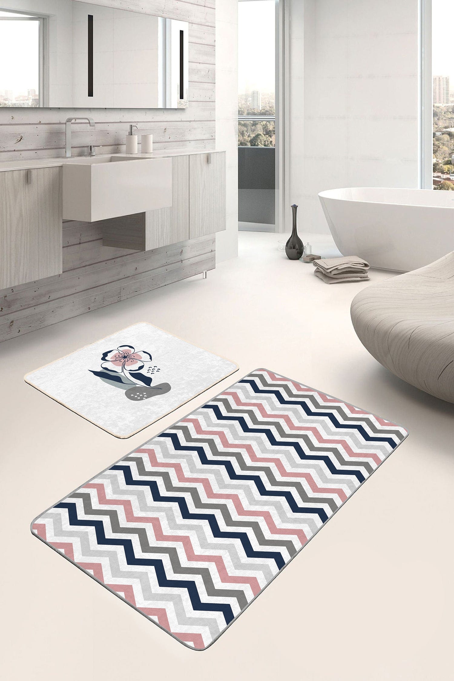 Set di 2 Tappetini da bagno antiscivolo Umay BPS491 Rectangle Multicolore, 100 x 60 cm / 60 x 50 cm (1)