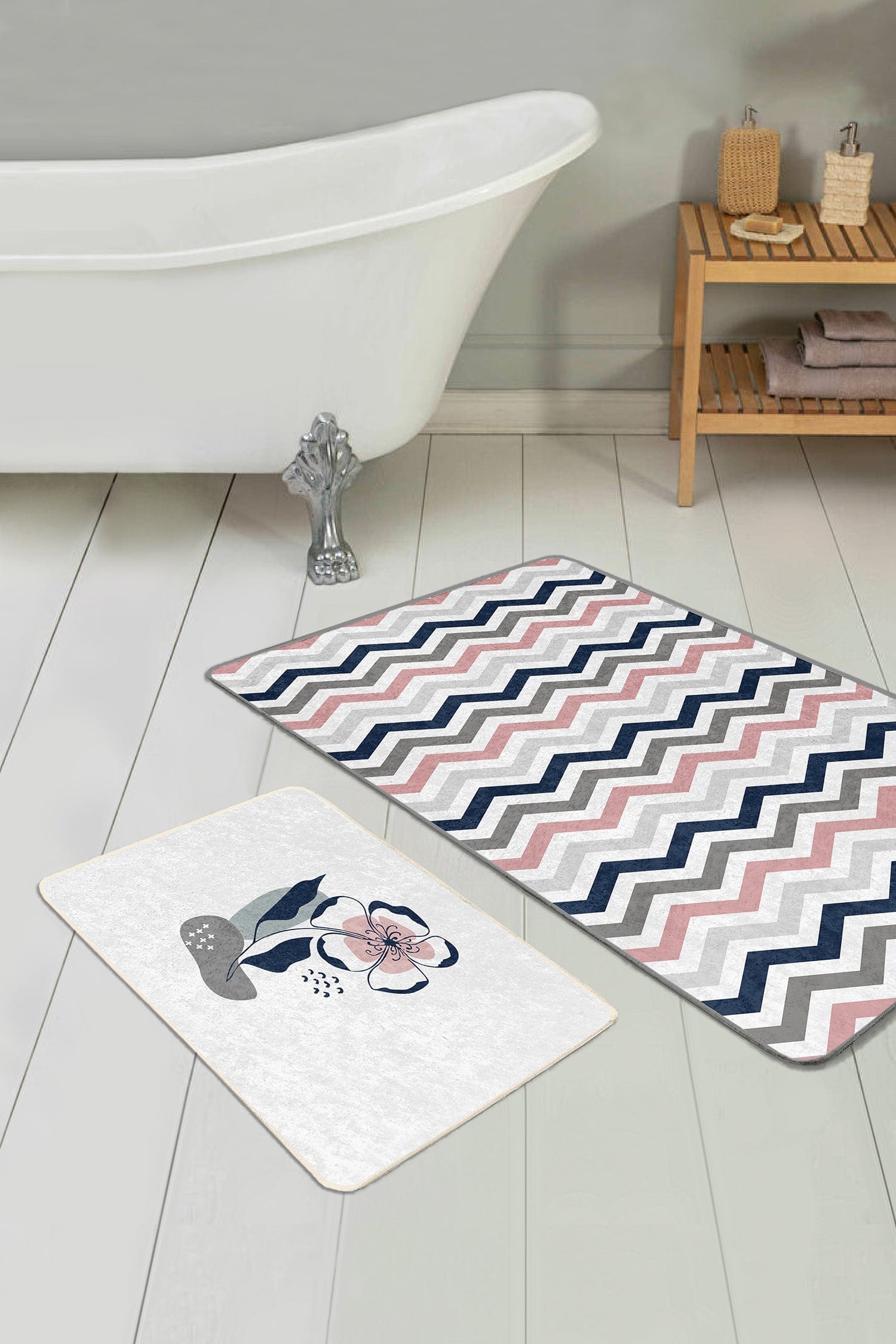 Set di 2 Tappetini da bagno antiscivolo Umay BPS491 Rectangle Multicolore, 100 x 60 cm / 60 x 50 cm (2)