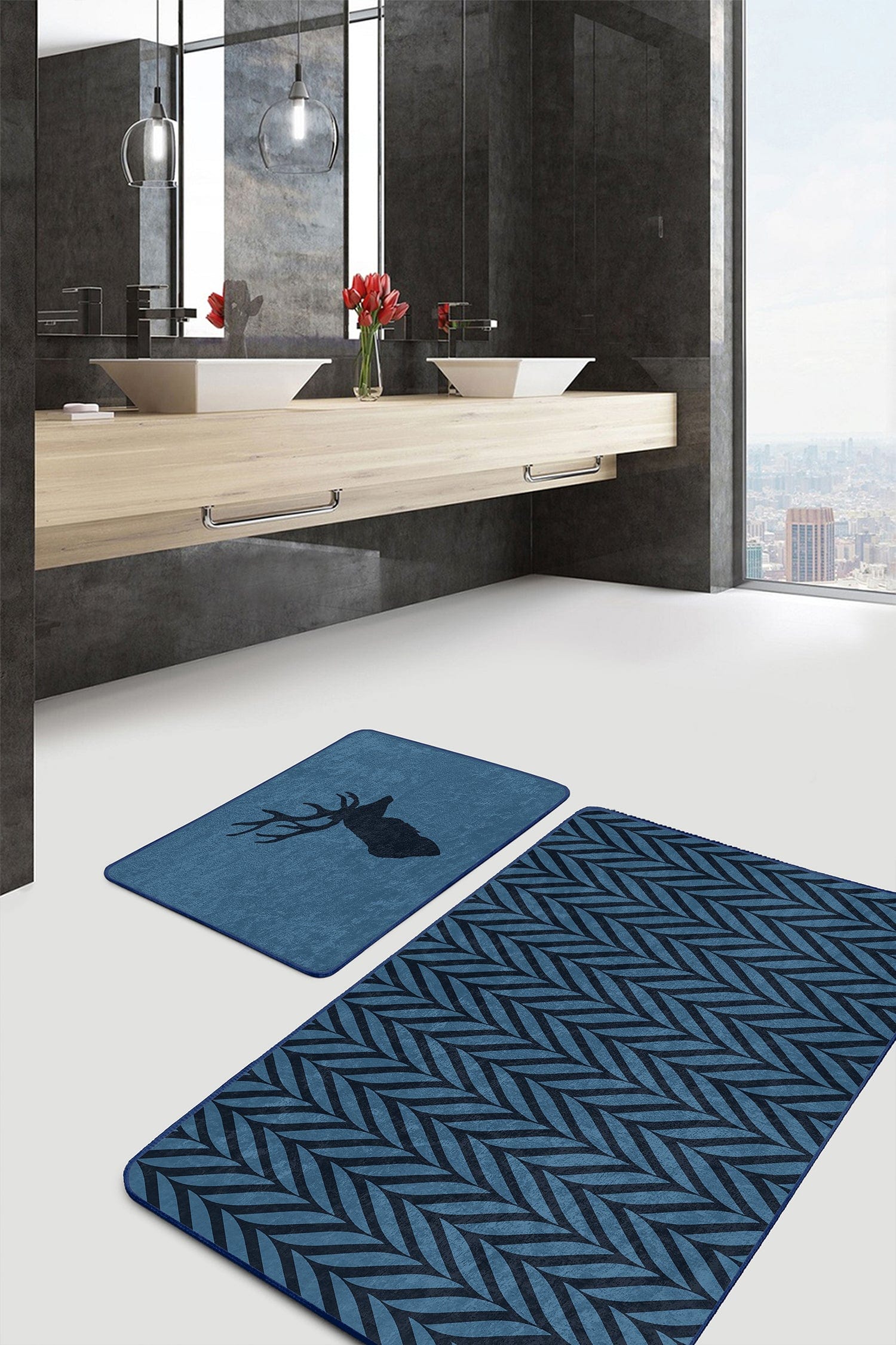 Set di 2 Tappetini da bagno antiscivolo Umay BPS492 Multicolore, 100 x 60 cm / 60 x 50 cm (2)