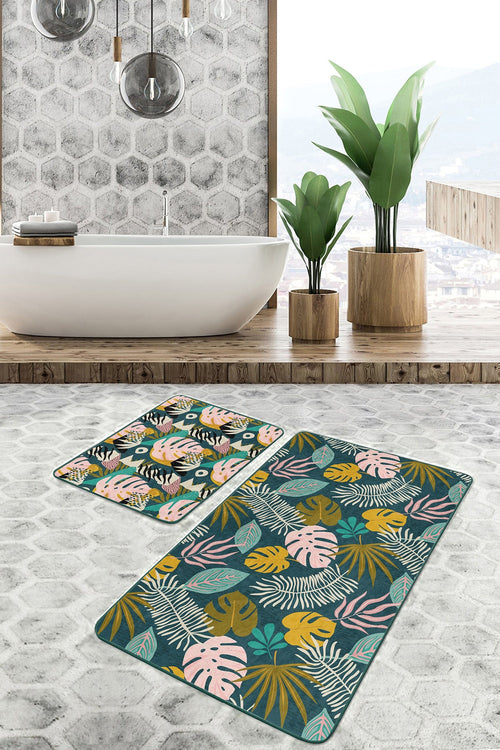 Set di 2 Tappetini da bagno antiscivolo Umay BPS493 Rectangle Multicolore, 100 x 60 cm / 60 x 50 cm