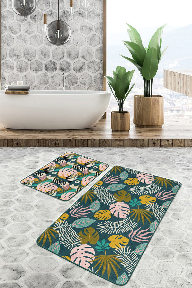 Set di 2 Tappetini da bagno antiscivolo Umay BPS493 Rectangle Multicolore, 100 x 60 cm / 60 x 50 cm