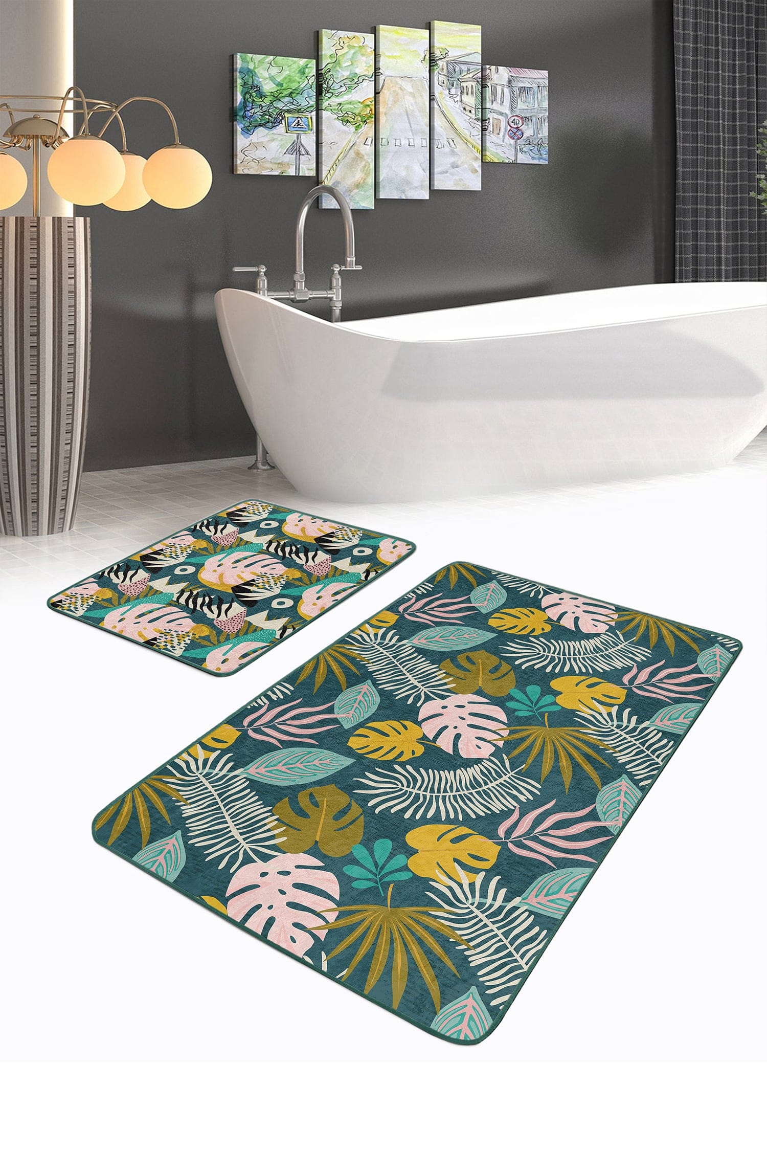 Set di 2 Tappetini da bagno antiscivolo Umay BPS493 Rectangle Multicolore, 100 x 60 cm / 60 x 50 cm (2)