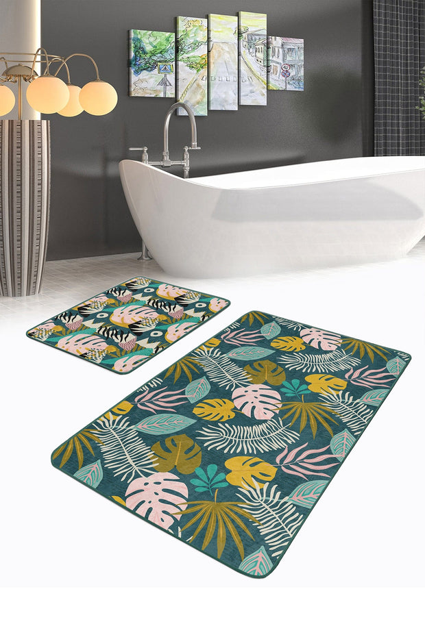 Set di 2 Tappetini da bagno antiscivolo Umay BPS493 Rectangle Multicolore, 100 x 60 cm / 60 x 50 cm (2)
