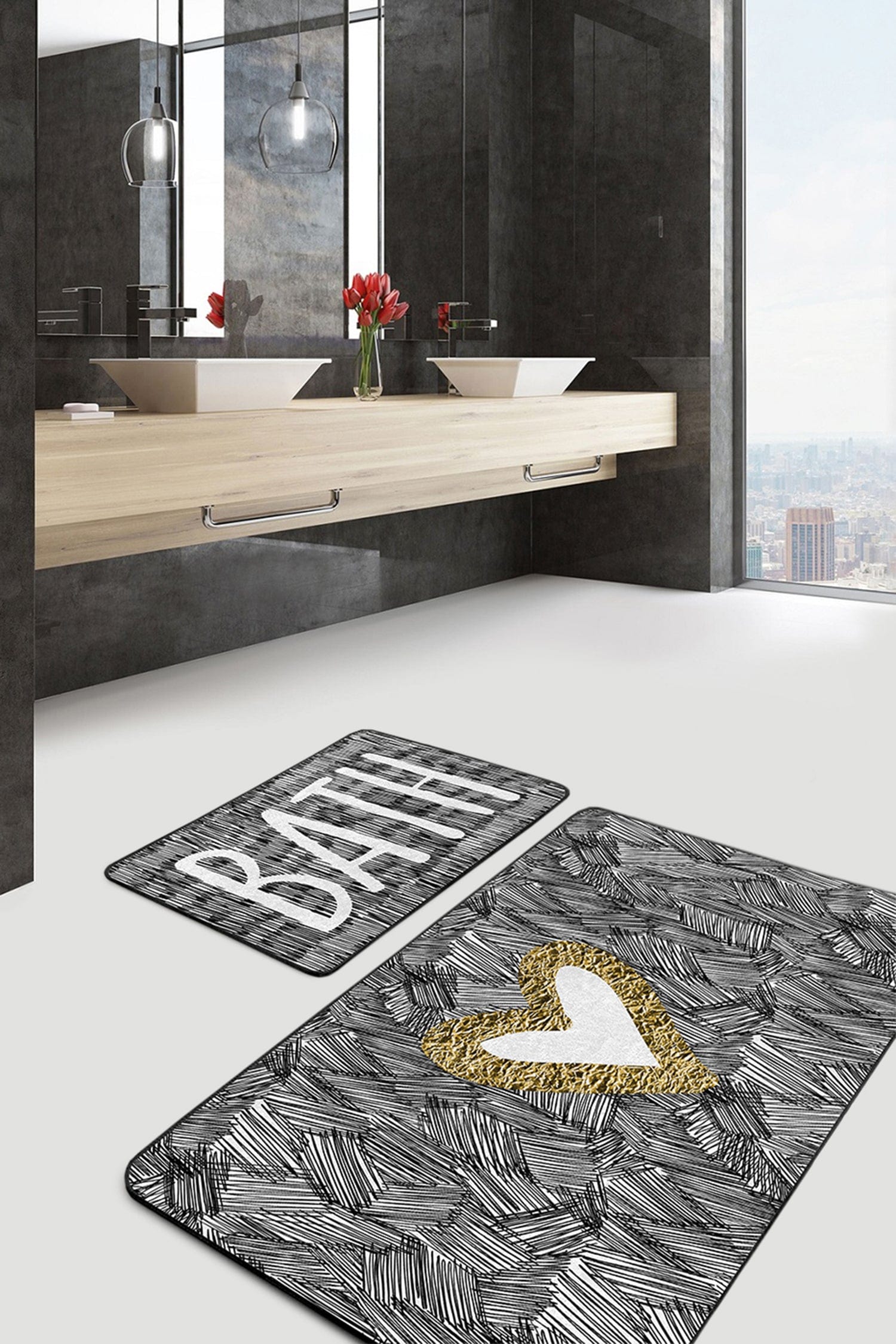 Set di 2 Tappetini da bagno antiscivolo Yasemin BPS167 Rectangle Multicolore, 100 x 60 cm / 60 x 50 cm (1)