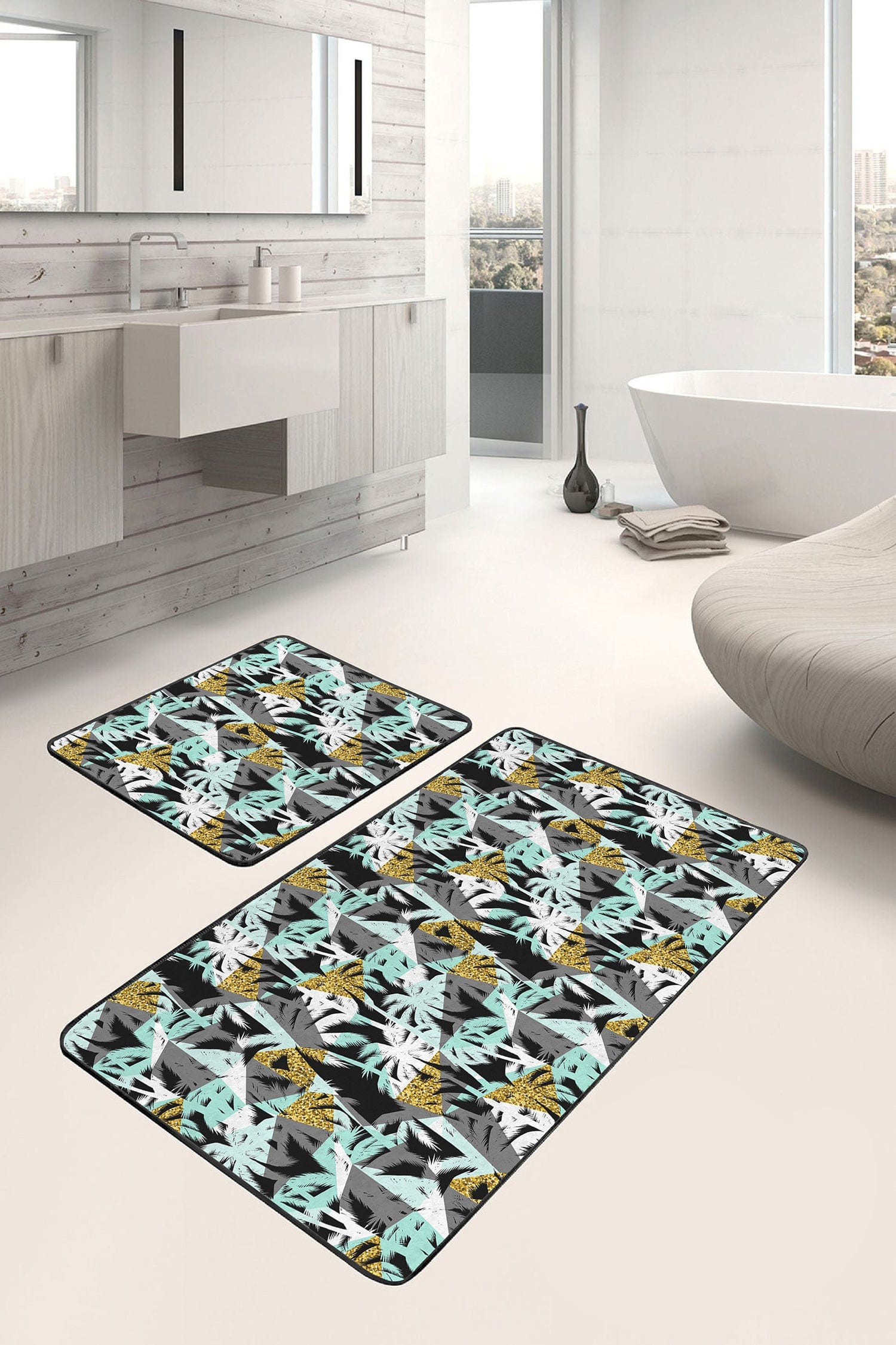 Set di 2 Tappetini da bagno antiscivolo Yasemin BPS173 Rectangle Multicolore, 100 x 60 cm / 60 x 50 cm (2)