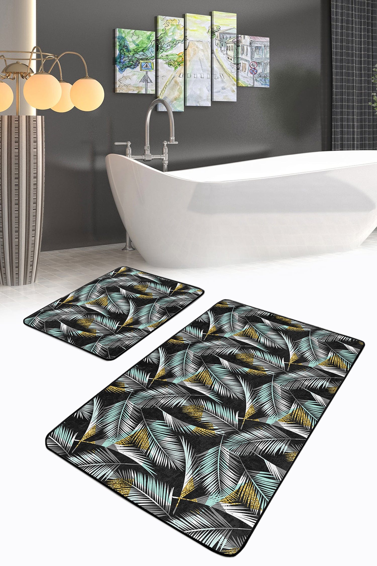 Set di 2 Tappetini da bagno antiscivolo Yasemin BPS174 Rectangle Multicolore, 100 x 60 cm / 60 x 50 cm