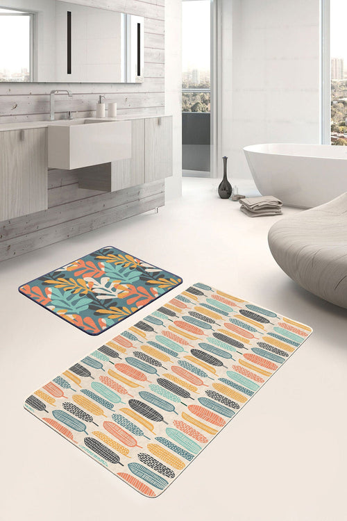 Set di 2 Tappetini da bagno antiscivolo Yasemin BPS176 Rectangle Multicolore, 100 x 60 cm / 60 x 50 cm