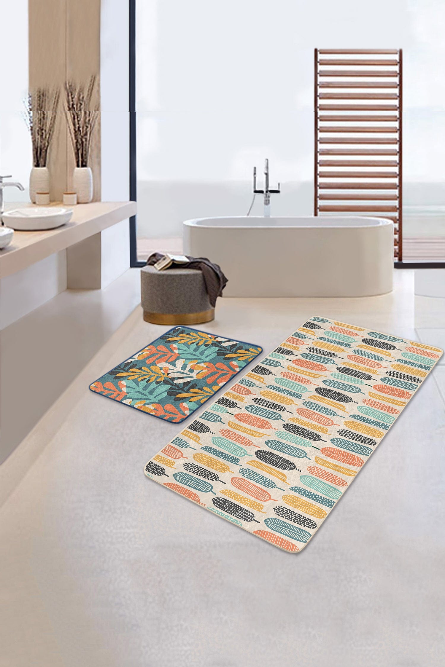 Set di 2 Tappetini da bagno antiscivolo Yasemin BPS176 Rectangle Multicolore, 100 x 60 cm / 60 x 50 cm (2)