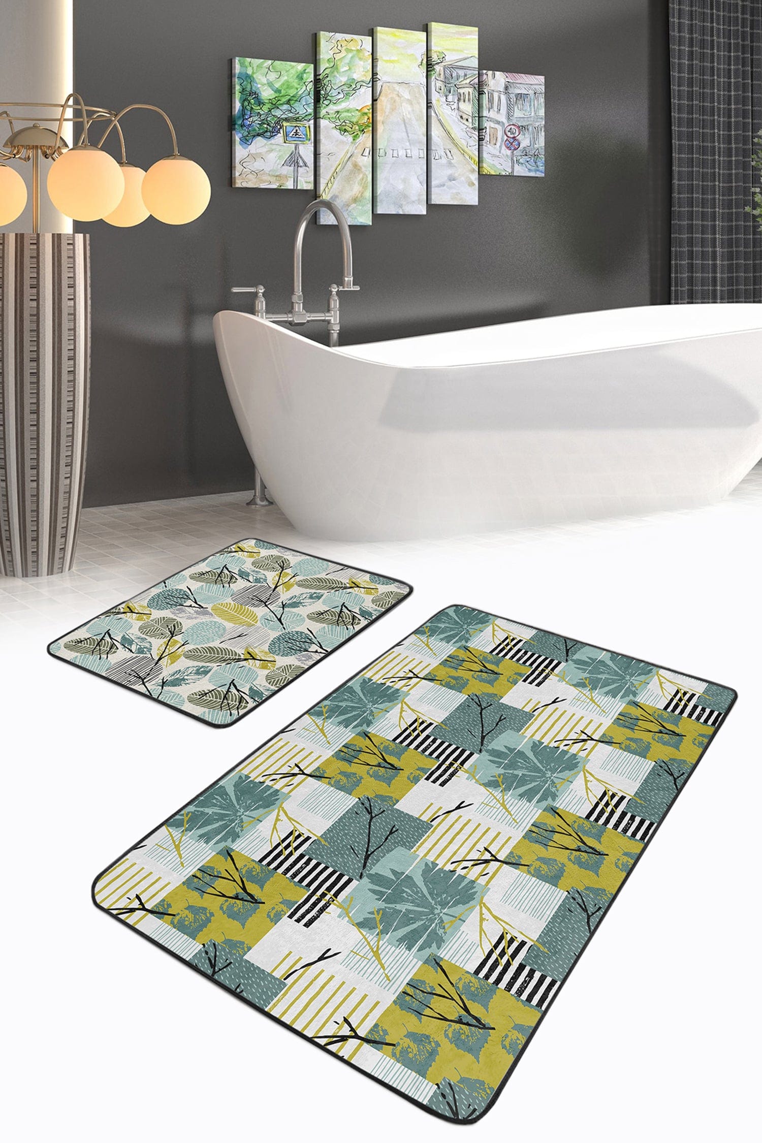 Set di 2 Tappetini da bagno antiscivolo Yasemin BPS177 Rectangle Multicolore, 100 x 60 cm / 60 x 50 cm (1)