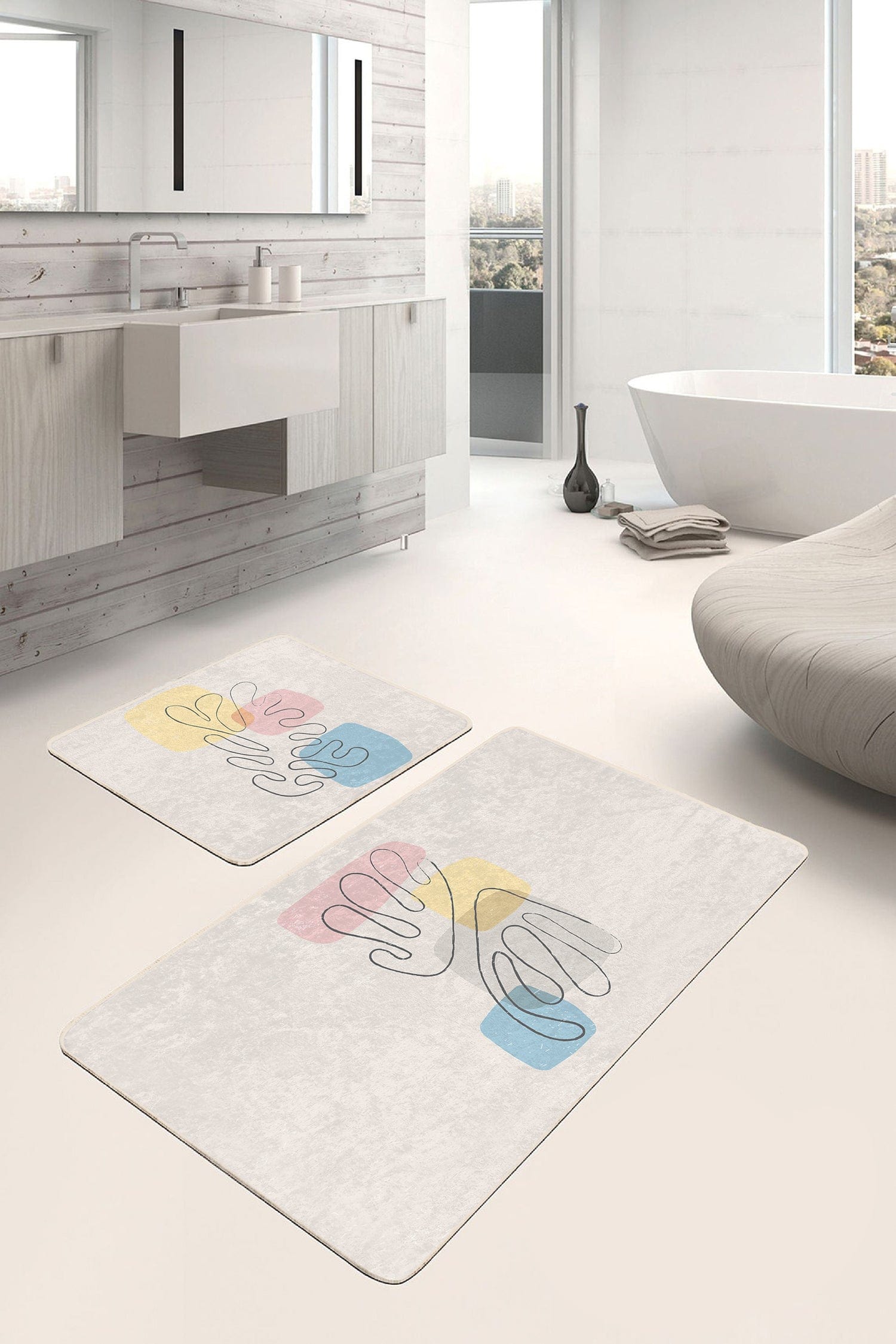 Set di 2 Tappetini da bagno antiscivolo Yasemin BPS180 Rectangle Multicolore, 100 x 60 cm / 60 x 50 cm