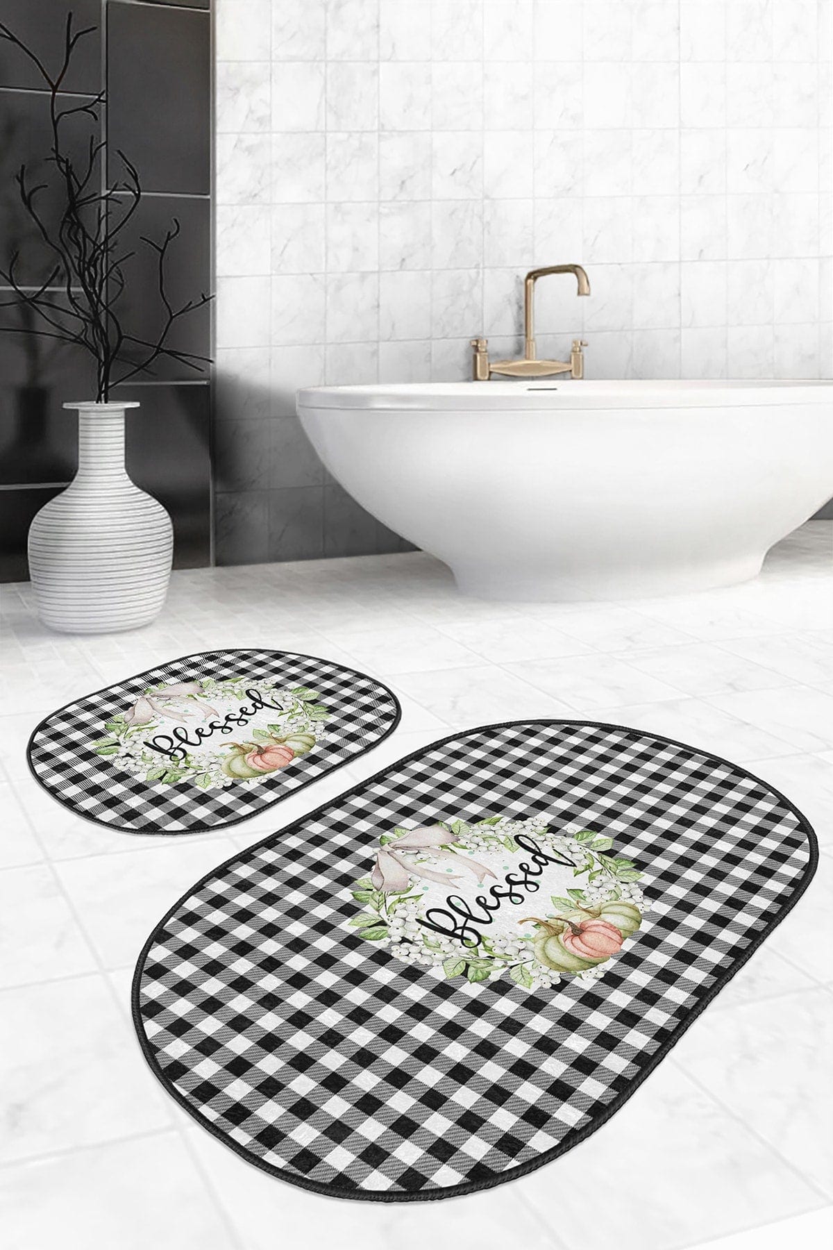 Set di 2 Tappetini da bagno antiscivolo Yldiko BPS591 Oval Multicolore, 100 x 60 cm / 60 x 50 cm