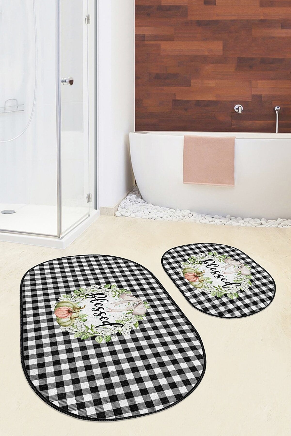 Set di 2 Tappetini da bagno antiscivolo Yldiko BPS591 Oval Multicolore, 100 x 60 cm / 60 x 50 cm (2)