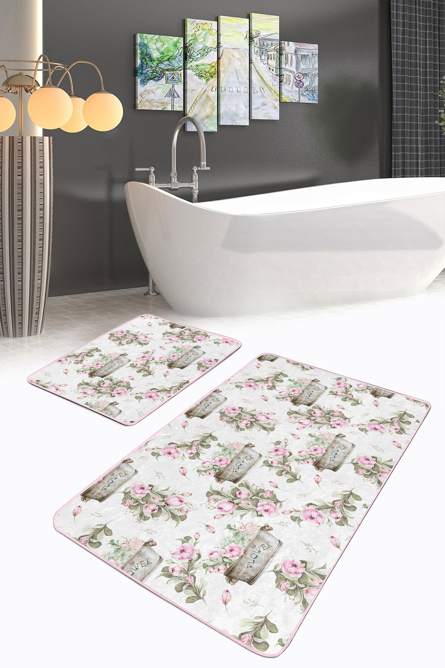 Set di 2 Tappetini da bagno antiscivolo Zerrin BPS345 Rectangle Multicolore, 100 x 60 cm / 60 x 50 cm (1)
