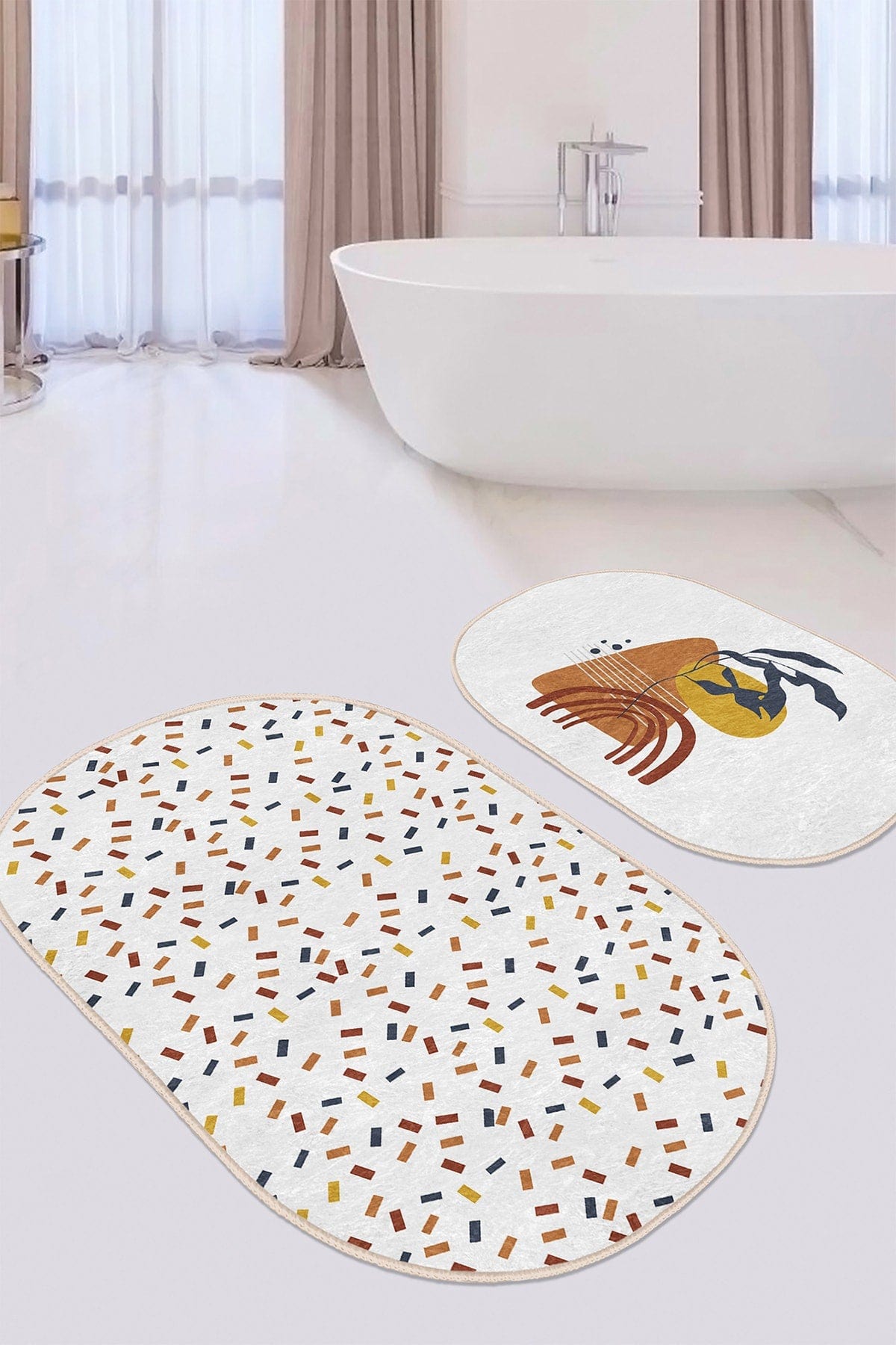 Set di 2 Tappetini da bagno antiscivolo Zeynep BPS614 Oval Multicolore, 100 x 60 cm / 60 x 50 cm (1)
