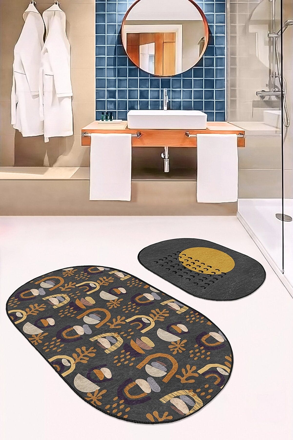 Set di 2 Tappetini da bagno antiscivolo Zeynep BPS616 Oval Multicolore, 100 x 60 cm / 60 x 50 cm (2)