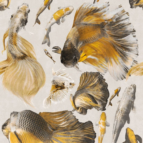 Set di 3 rotoli Carta da parati digitale stampata Goldfish Avorio