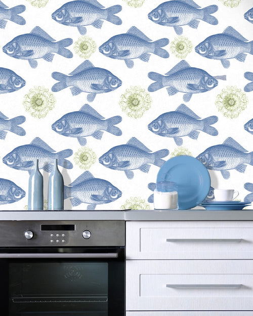 Set di 3 rotoli di carta da parati stampata in digitale Pesce Blu (1)