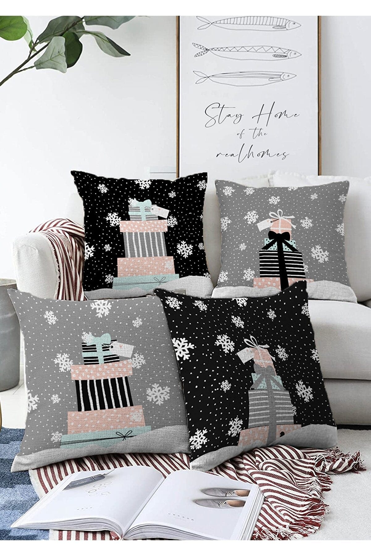 Set di 4 federe per cuscini decorativi Beren RKYK440 Multicolore, 43 x 43 cm