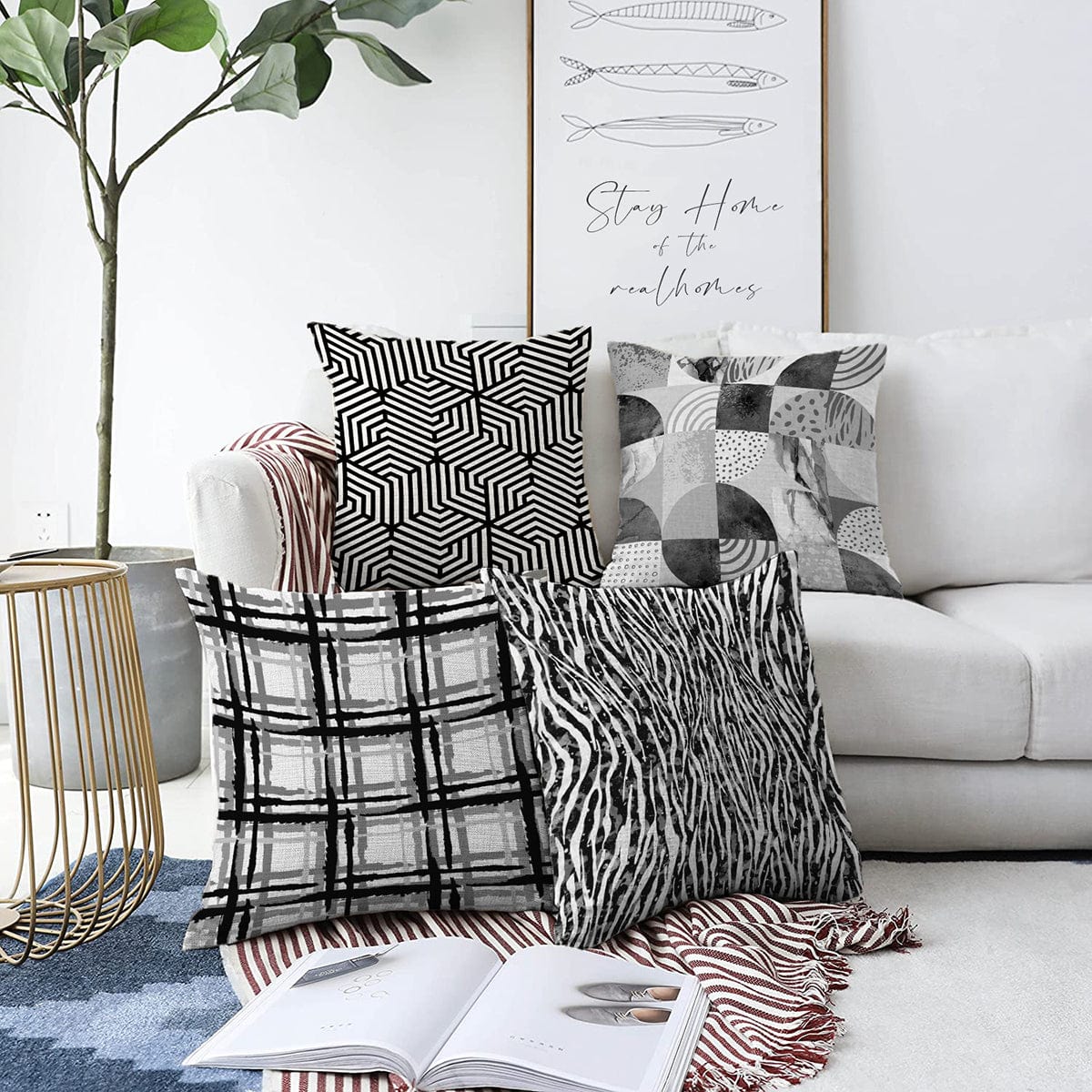Set di 4 federe per cuscini decorativi Ebru RKYK206 Multicolore, 43 x 43 cm