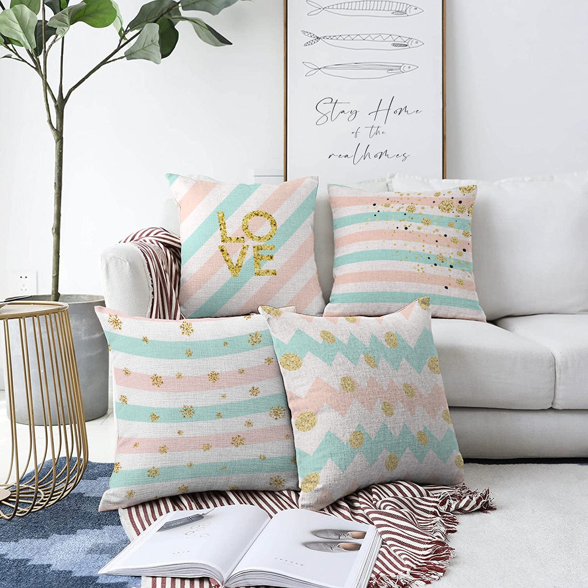 Set di 4 federe per cuscini decorativi Guven RKYK434 Multicolore, 43 x 43 cm
