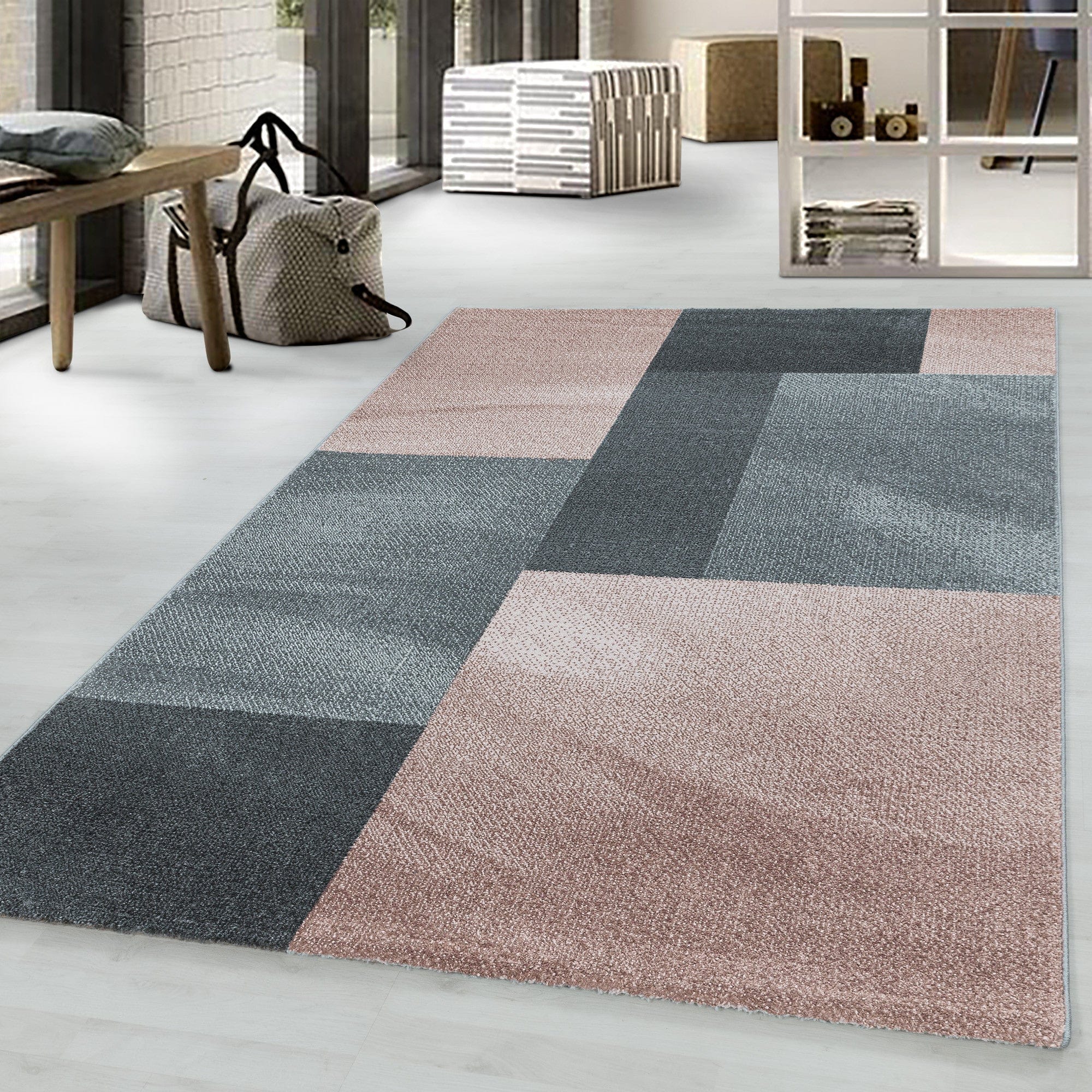 Tappeto Efor 3712 Abstract Checkered Rosa (1)