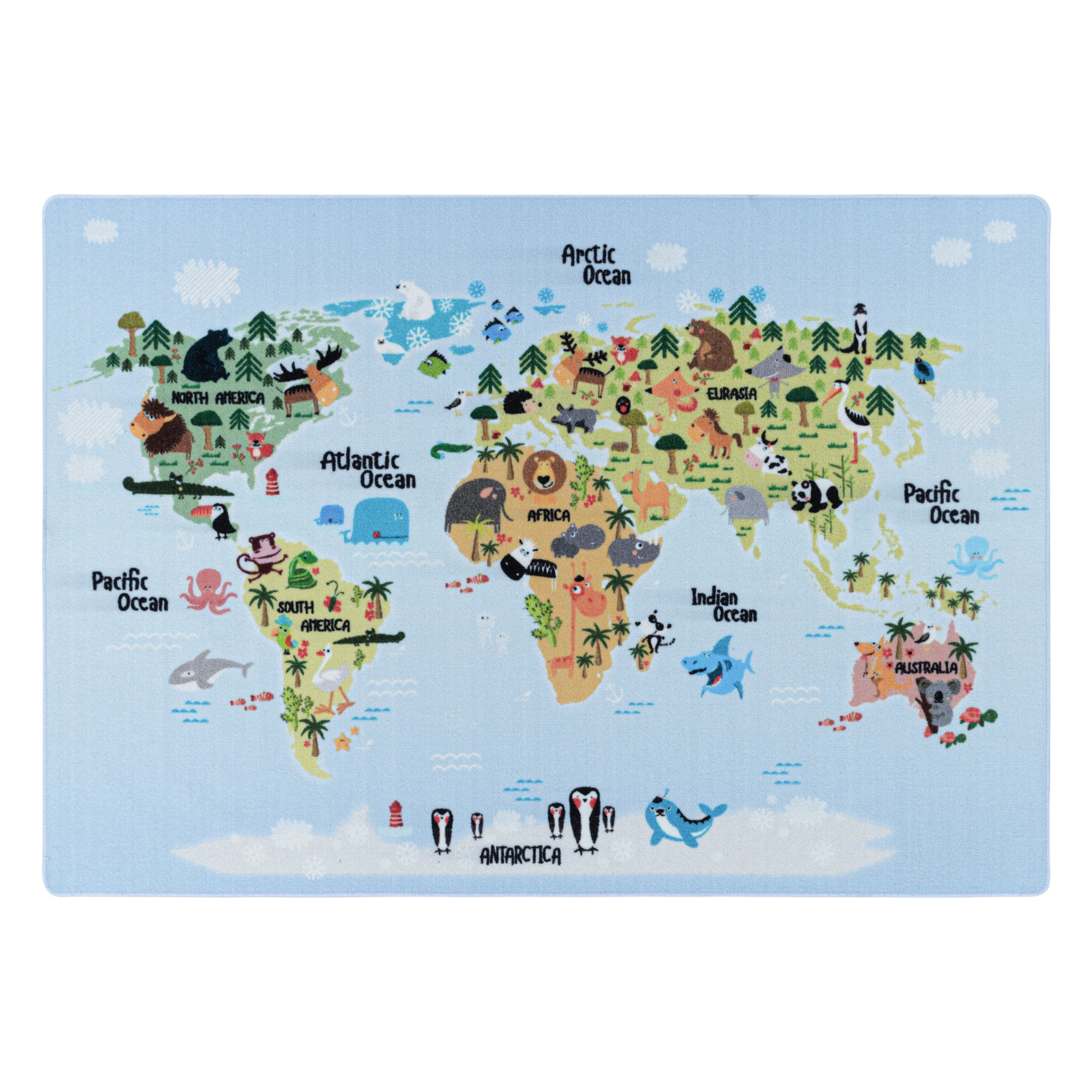 Tappeto per bambini Play 2917 World Map Animals Blu & AYYTPCH-PLAY2917BLUE & AYYTPCH-PLAY2917BLUE
