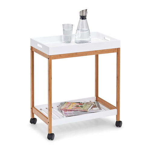 Tavolo mobile da minibar Tray, MDF di bambù bianco/naturale, L55xL34xH62 cm (1)