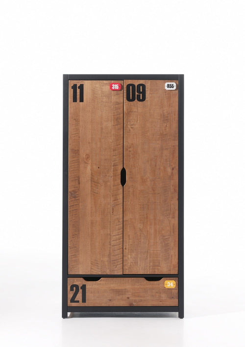 Vipack Armadietto in legno di pino e MDF con 2 ante e 1 cassetto, per bambini Alex Natural / Black, l100xL55xH200 cm