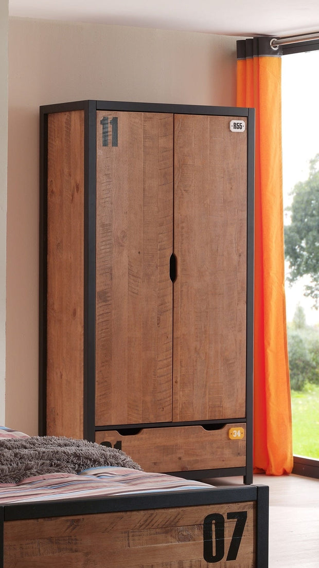 Vipack Armadietto in legno di pino e MDF con 2 ante e 1 cassetto, per bambini Alex Natural / Black, l100xL55xH200 cm