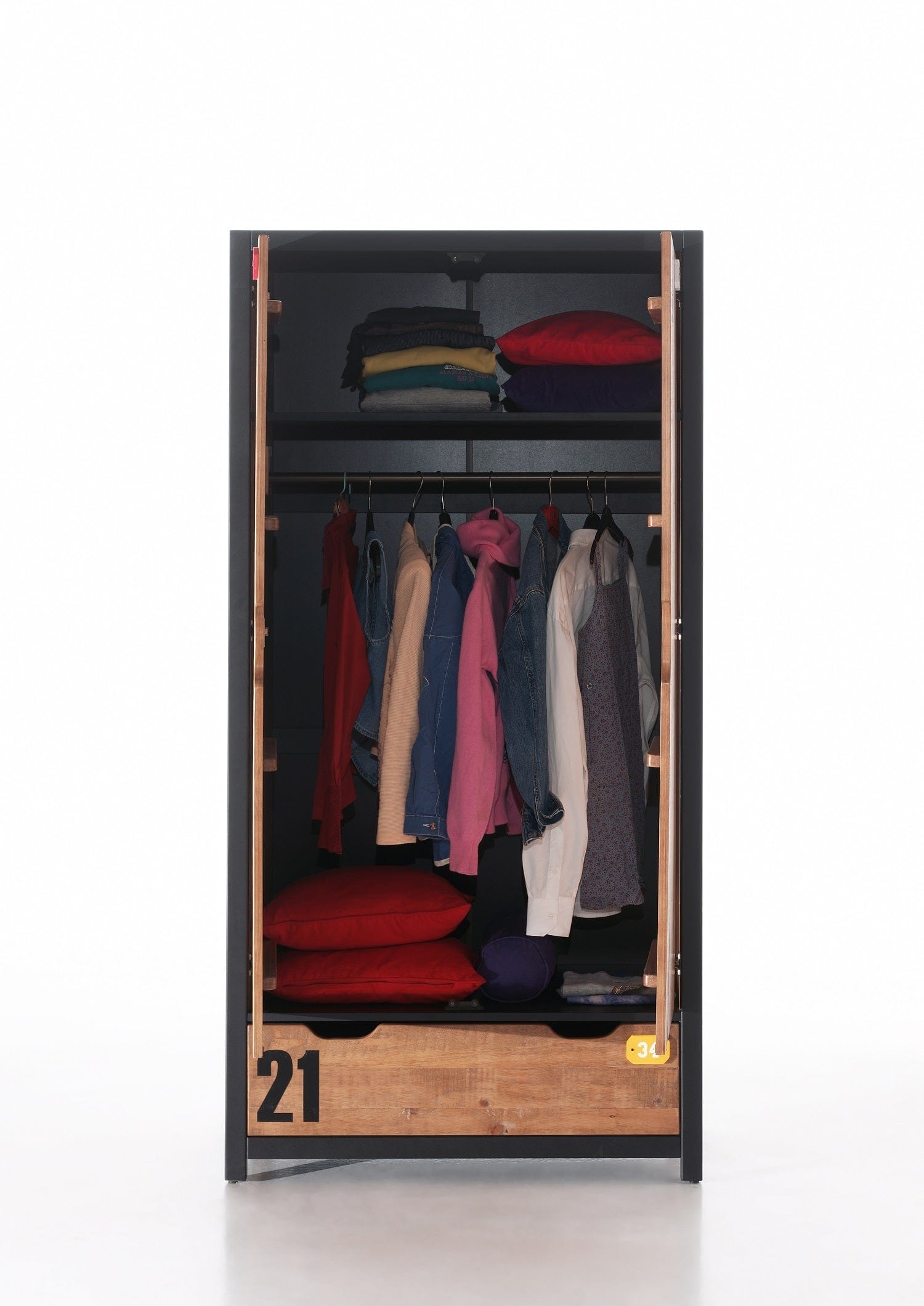 Vipack Armadietto in legno di pino e MDF con 2 ante e 1 cassetto, per bambini Alex Natural / Black, l100xL55xH200 cm