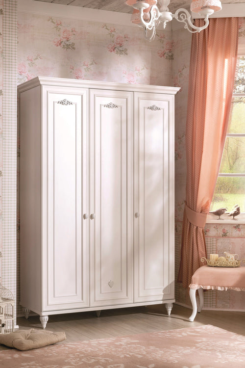 Armadio a 3 ante in legno per bambini e ragazzi, Romantica White, l132xL56xH200 cm