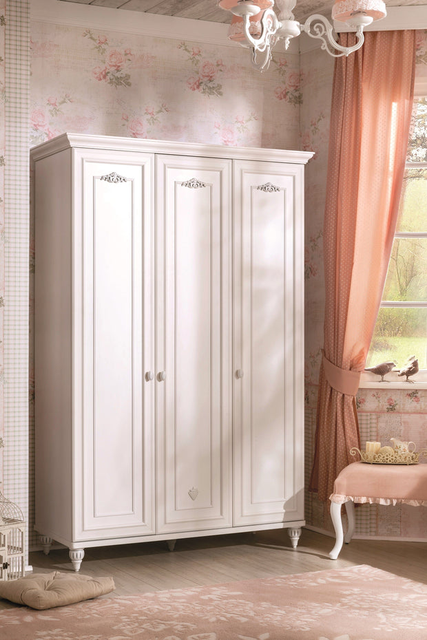 Armadio a 3 ante in legno per bambini e ragazzi, Romantica White, l132xL56xH200 cm